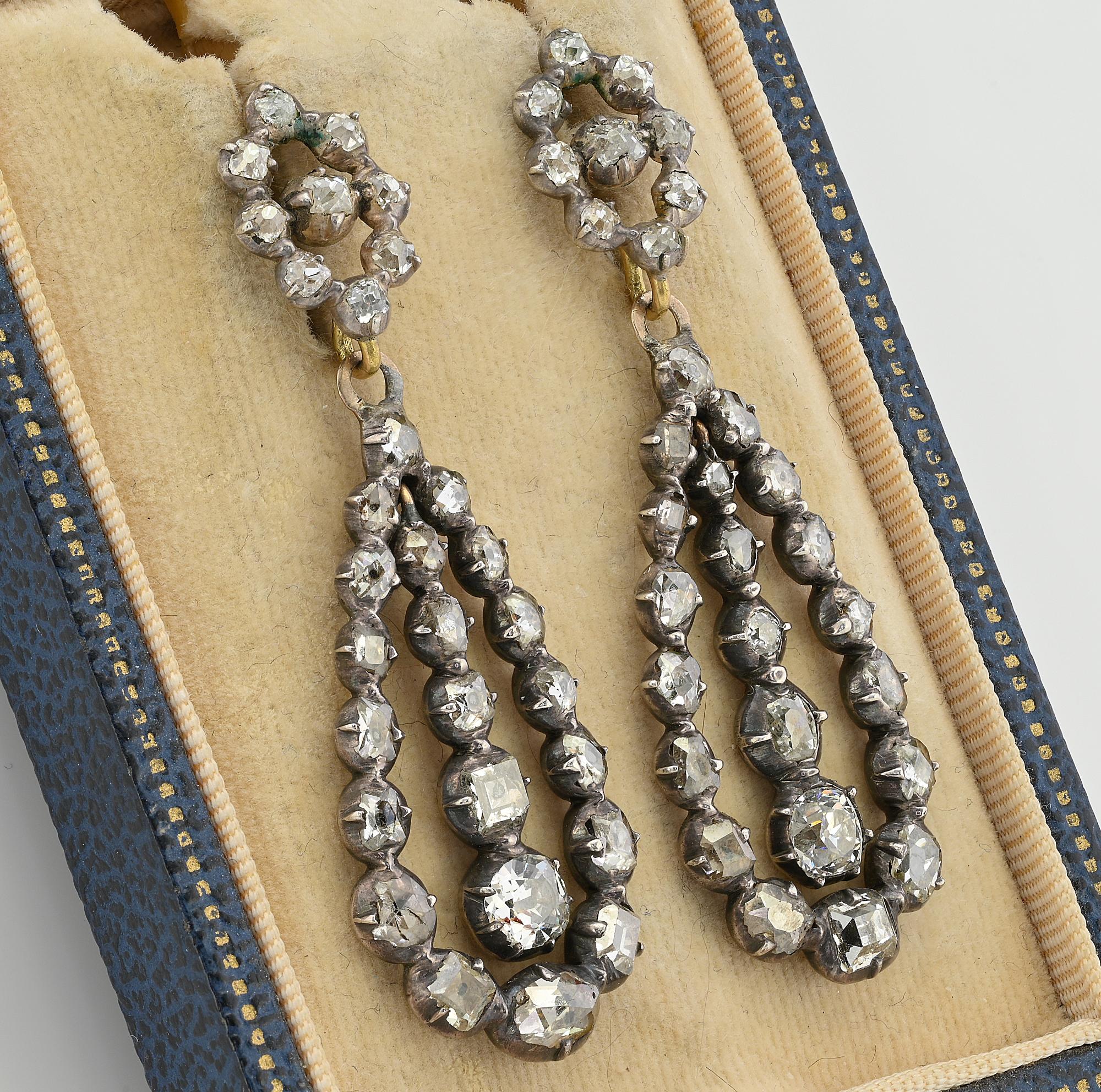 Georgianische 7,40 Karat Diamant-Nachttage-Ohrringe mit tropfenförmigem Tropfen im Zustand „Gut“ im Angebot in Napoli, IT