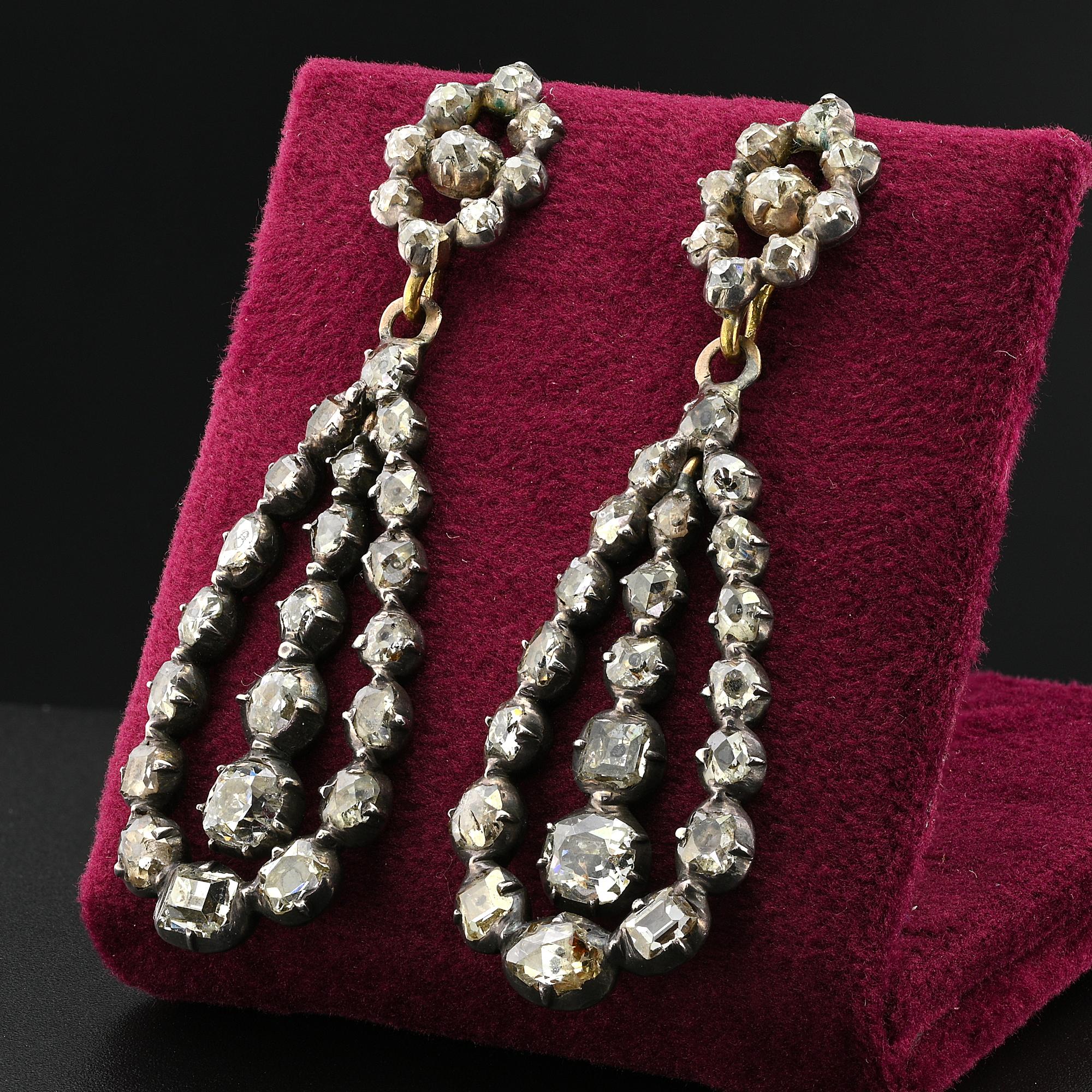 Georgian 7.40 Ct Diamond Night Day Long Teardrop Earrings For Sale 4