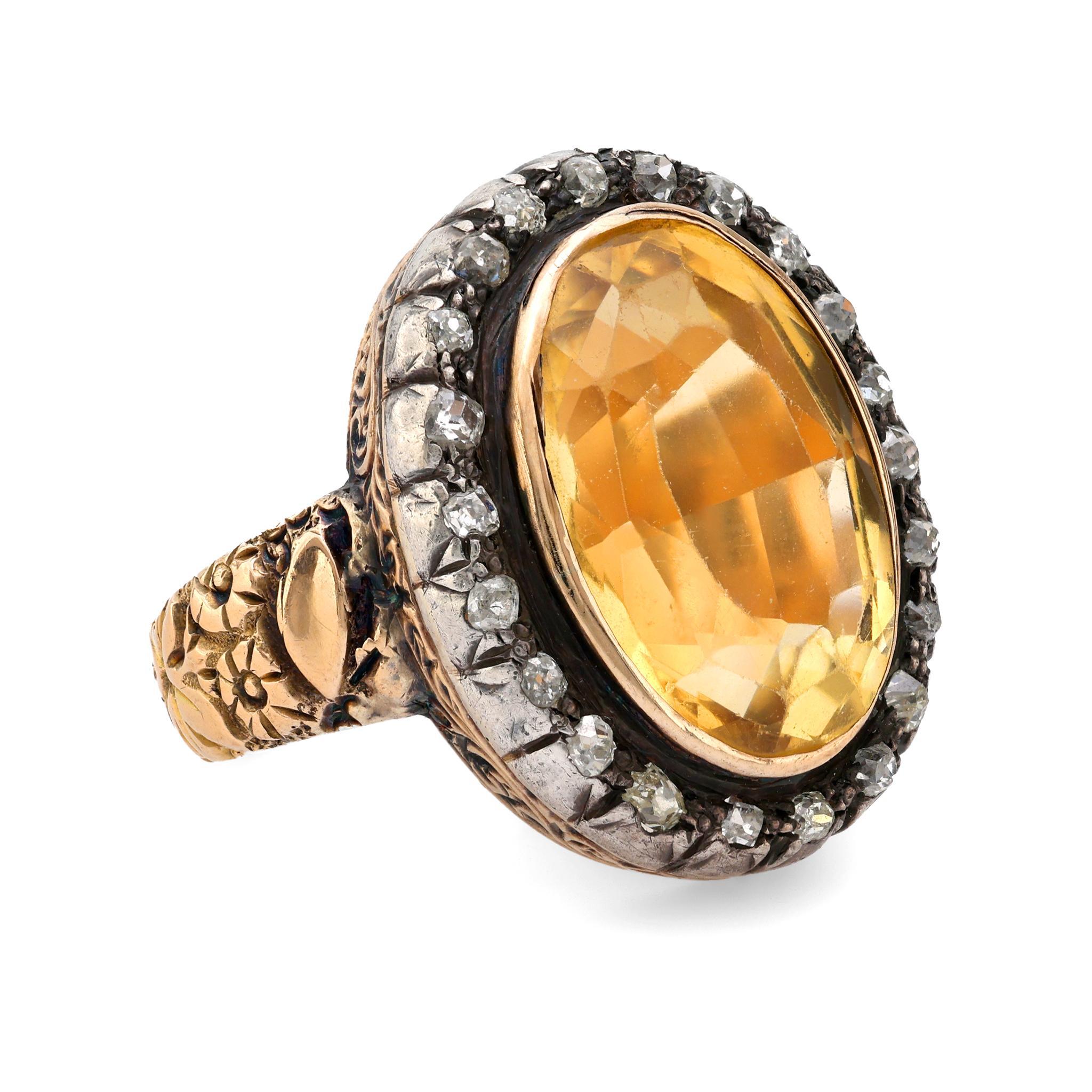 Georgianischer 8,40 Karat Citrin-Diamant-Cluster-Ring aus 18k Gelbgold und Silber (Ovalschliff)