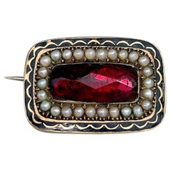 Antique Georgian 9 Karat Gold Red Garnet Seed Pearl Black Enamel Rectangle Pin Brooch