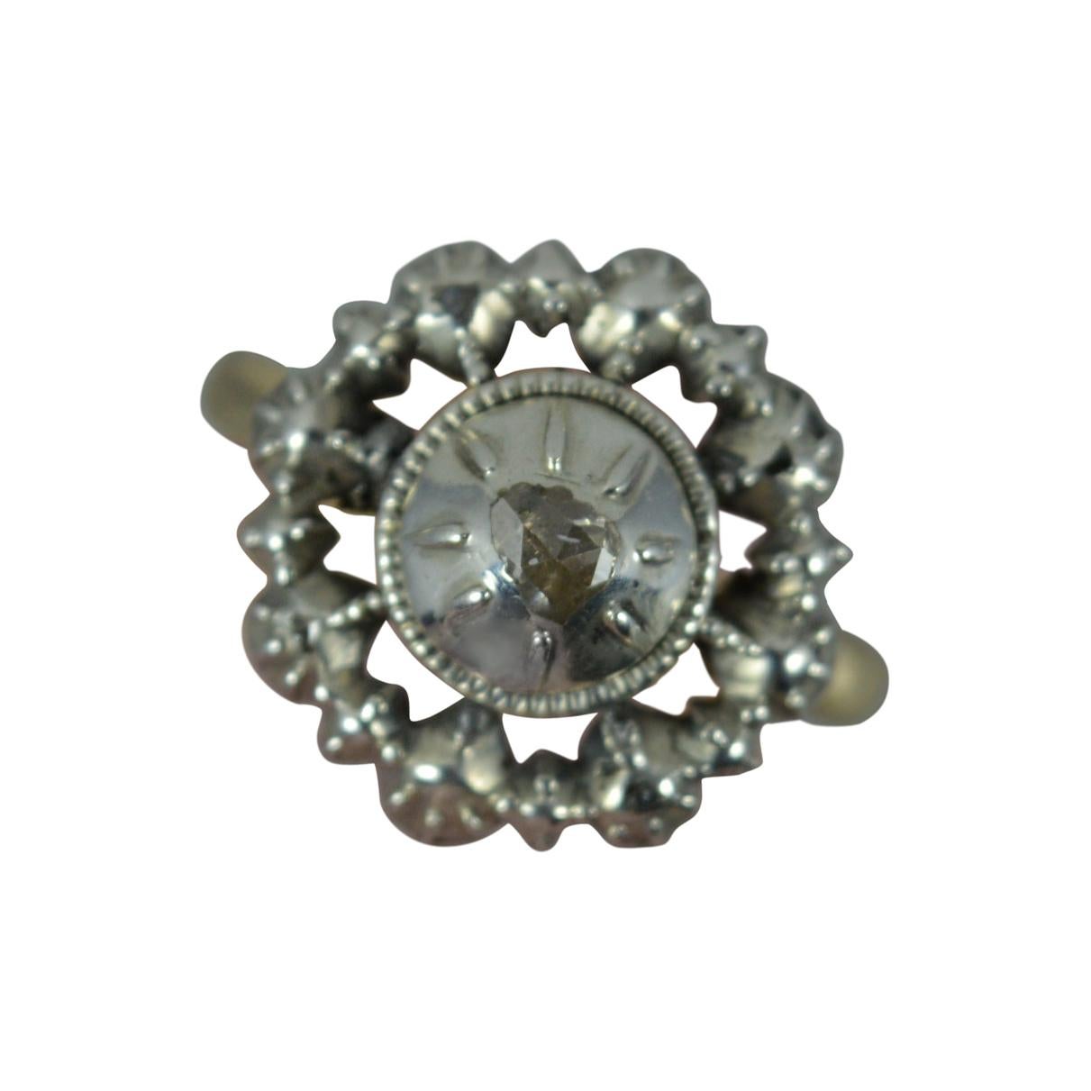 Georgian 9ct Gold and Rose Cut Diamond Cluster Panel Ring, c1760