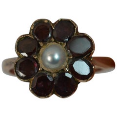 Georgian 9 Carat Rose Gold Pearl and Flat Cut Garnet Flower Cluster Ring