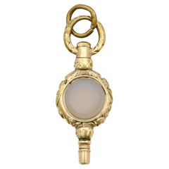 Georgian 9K Gold Chased White Agate Watch Key Fob Pendant 