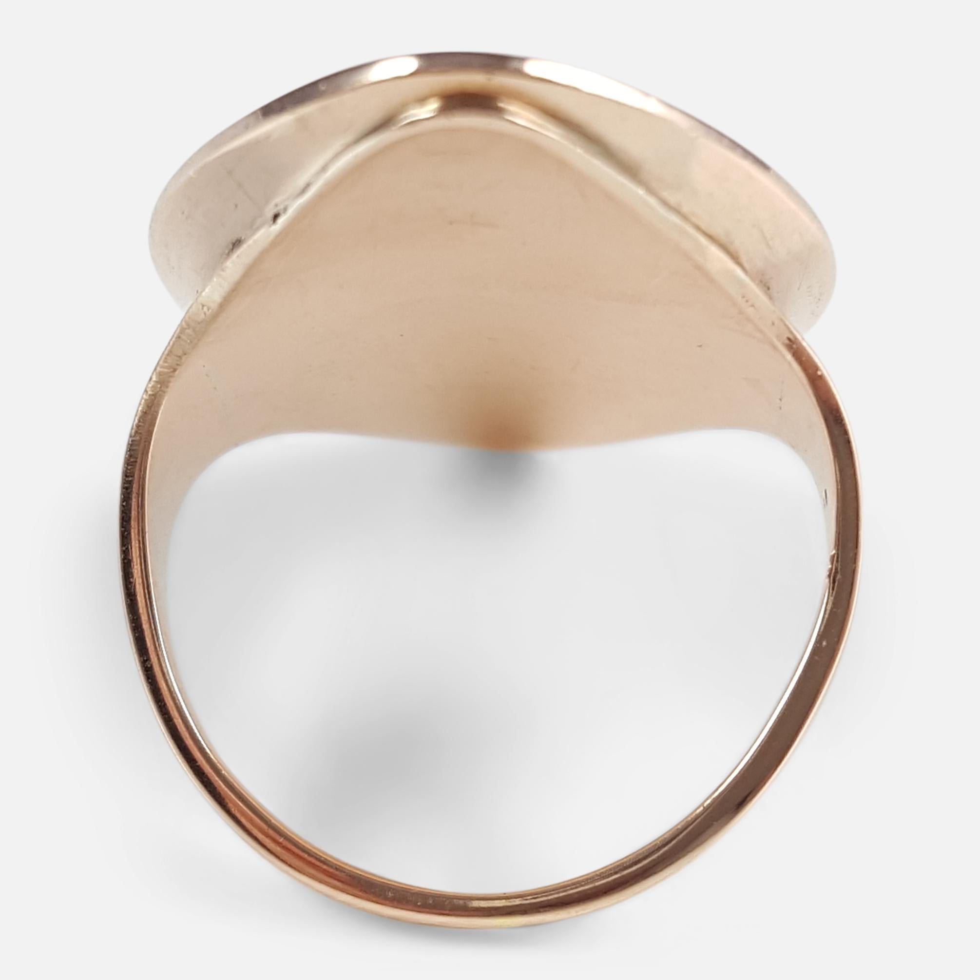 Women's or Men's Georgian 9k rose gold glazed hair panel & blue enamel memorial navette ring