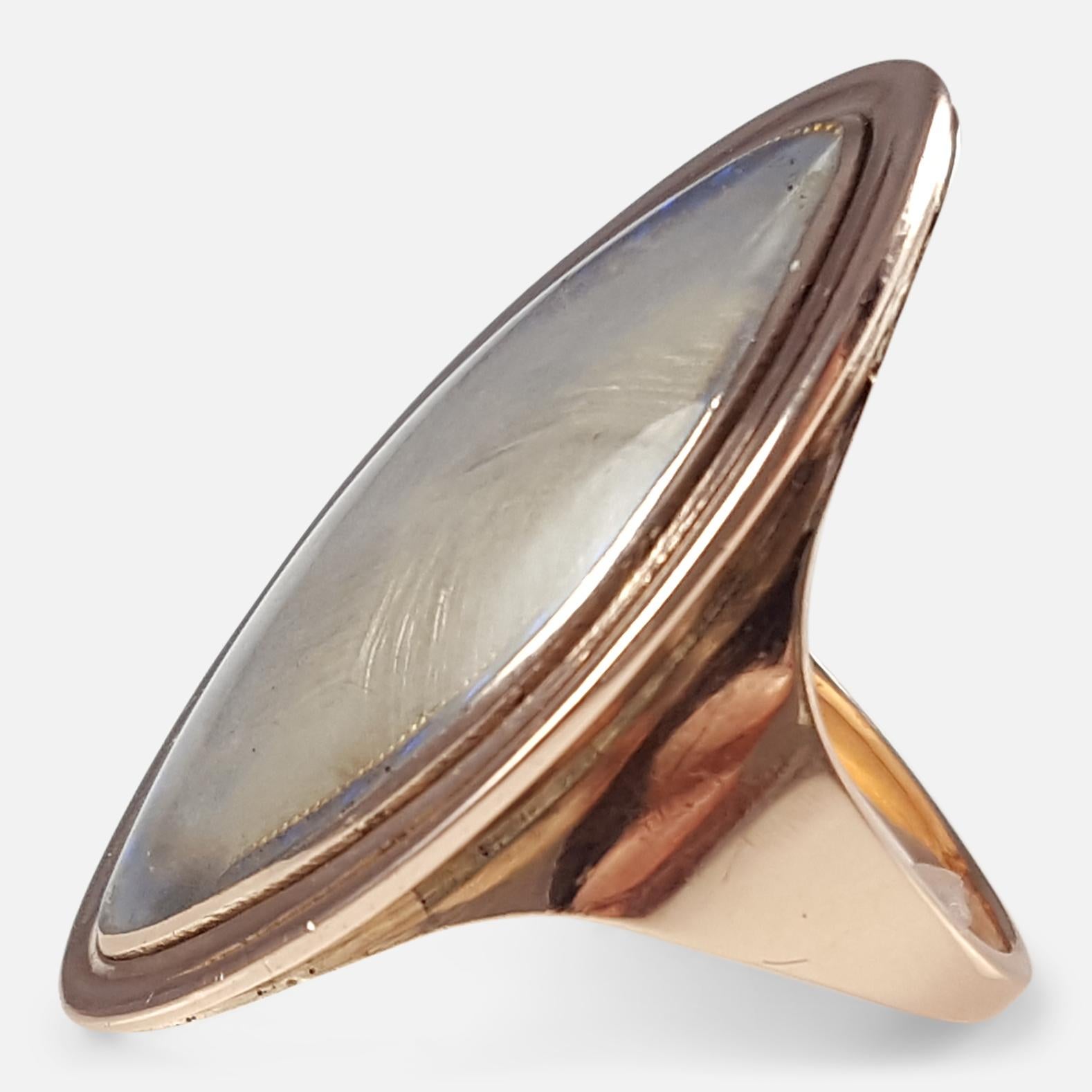 Georgian 9k rose gold glazed hair panel & blue enamel memorial navette ring 1