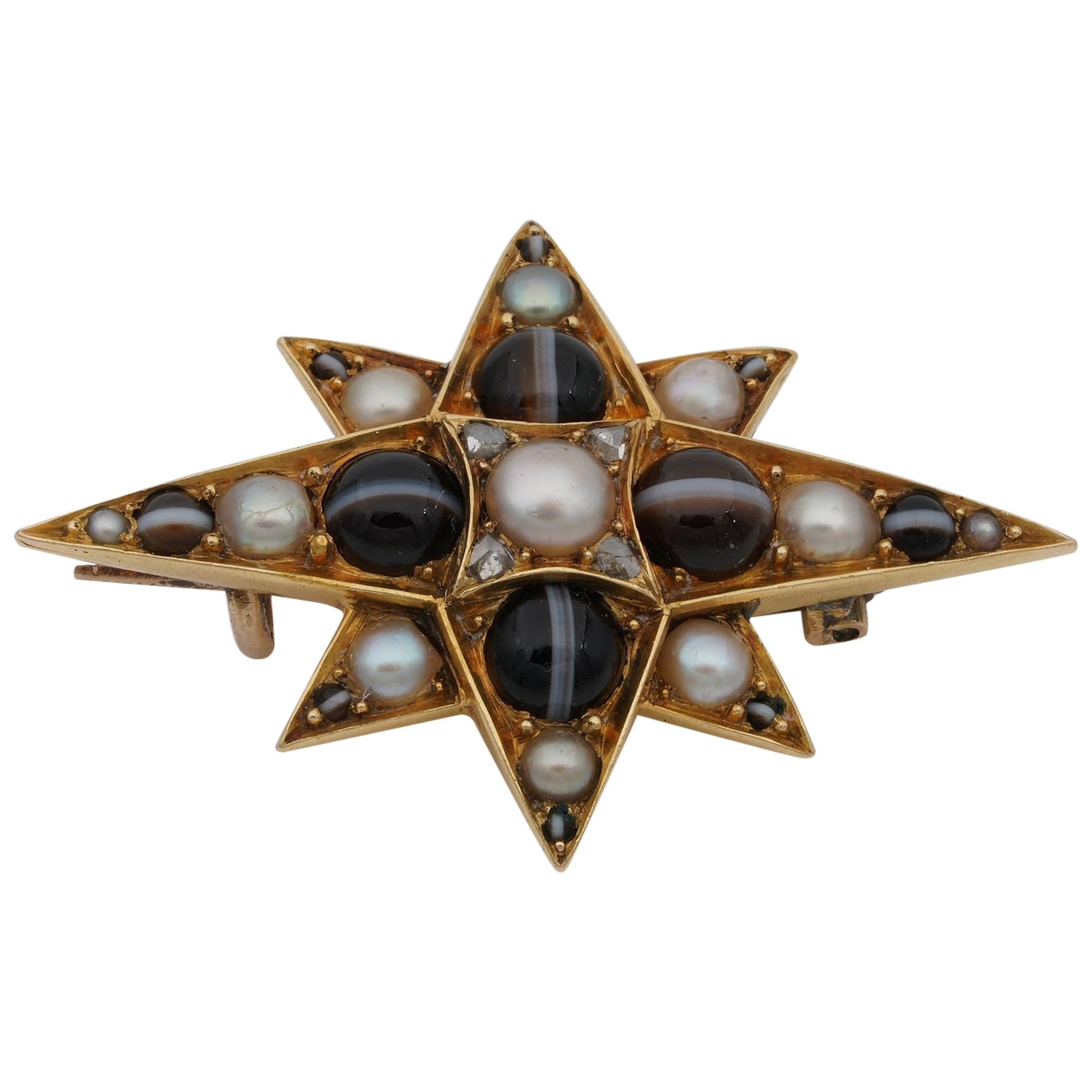 Georgian Agate Natural Pearl Rare 18 Karat Celestial Brooch For Sale