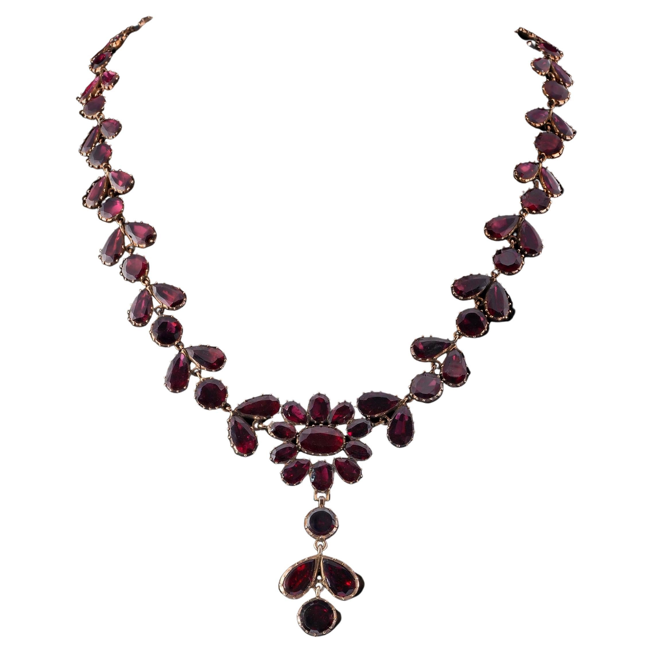 Georgian Almandine Garnet Flat Cut 12 KT Gold Necklace