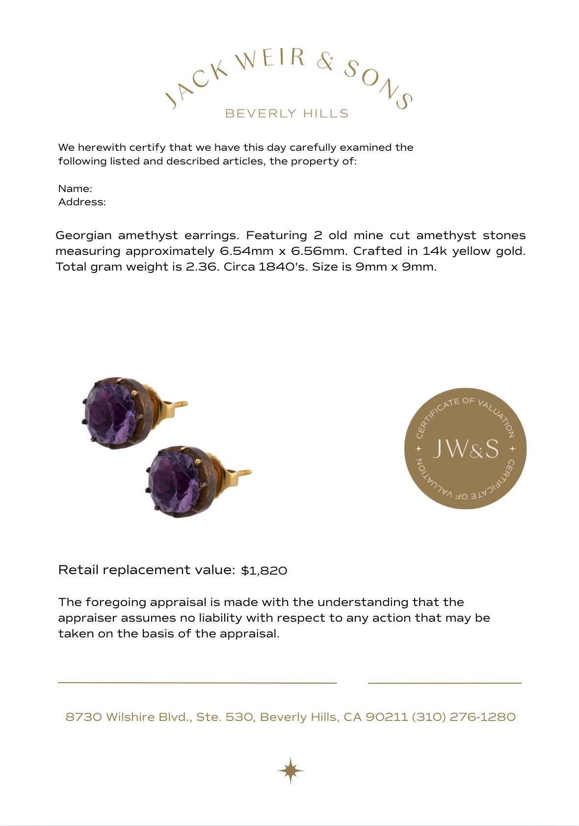 Georgische Amethyst-Ohrstecker aus 14k Gelbgold (Alteuropäischer Brillantschliff) im Angebot