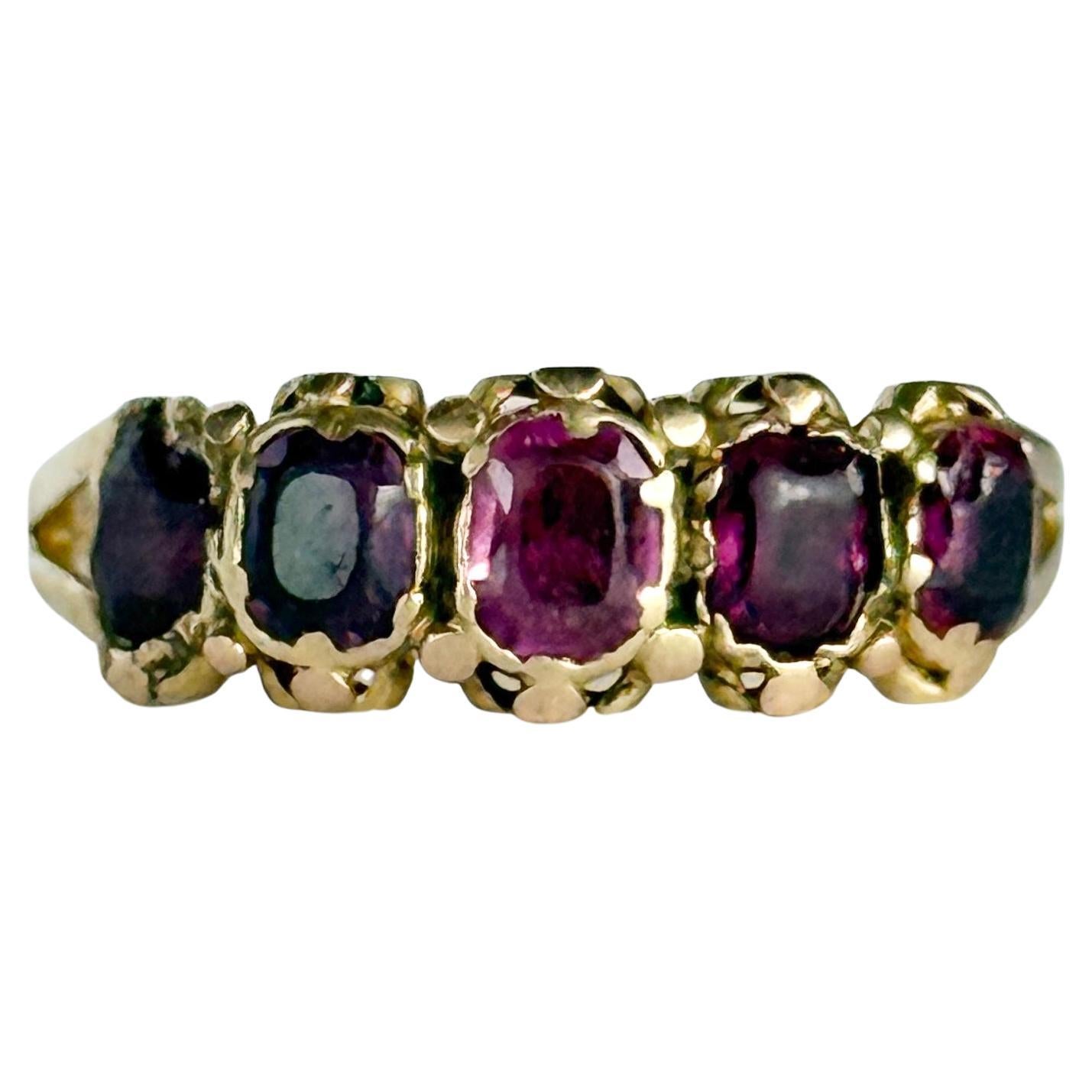 Bague géorgienne en améthyste et or 18 carats à cinq pierres en vente