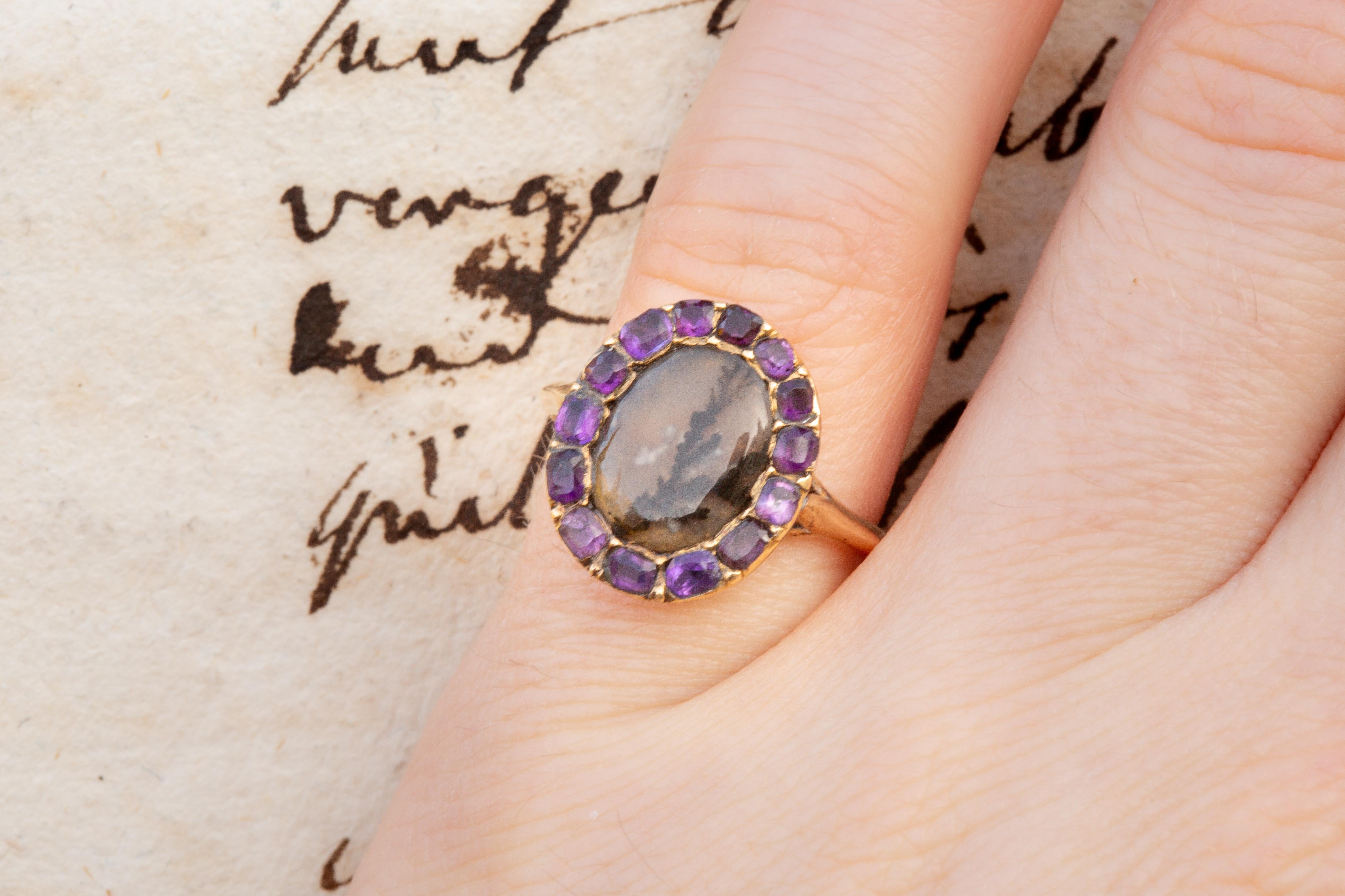 Emerald Cut Georgian Amethyst and Dendritic Agate Gold Cluster Ring, 18th Century 