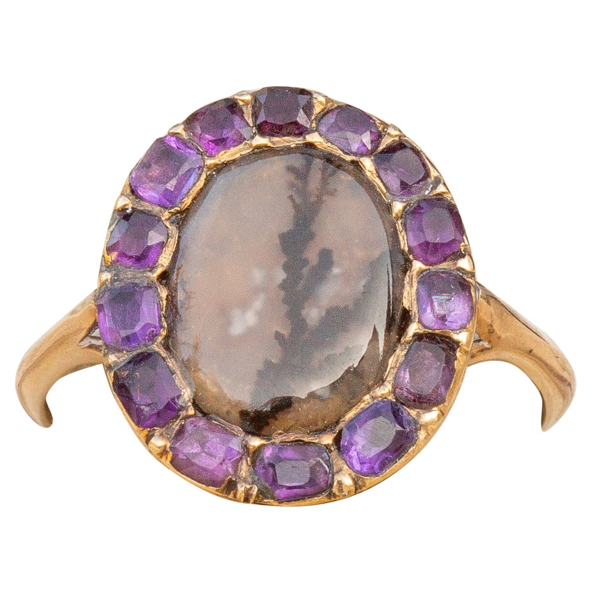 Georgian Amethyst and Dendritic Agate Gold Cluster Ring, 18th Century