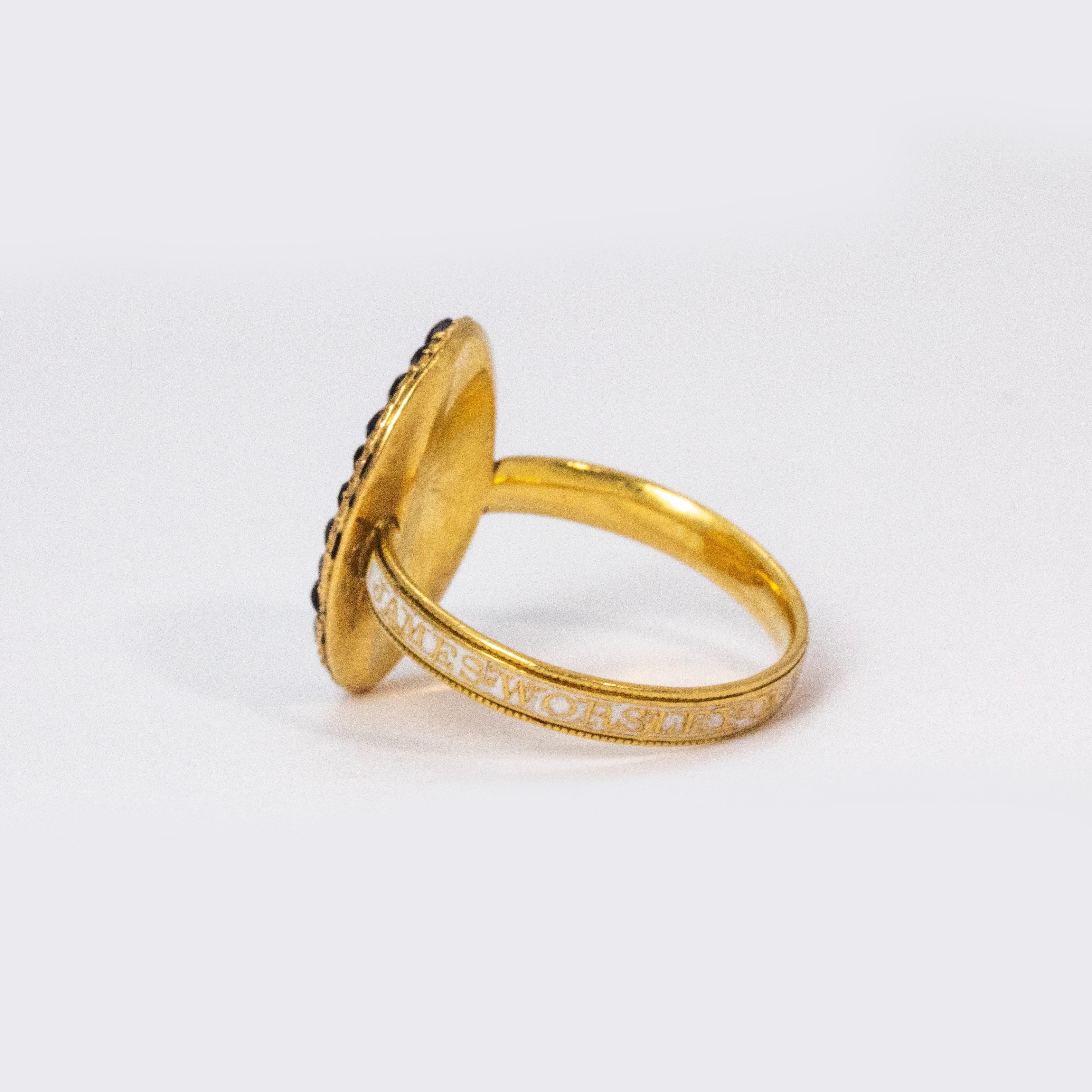 Women's or Men's Georgian Amethyst and Enamel 18 Karat Gold Navette Sepia Mourning Ring