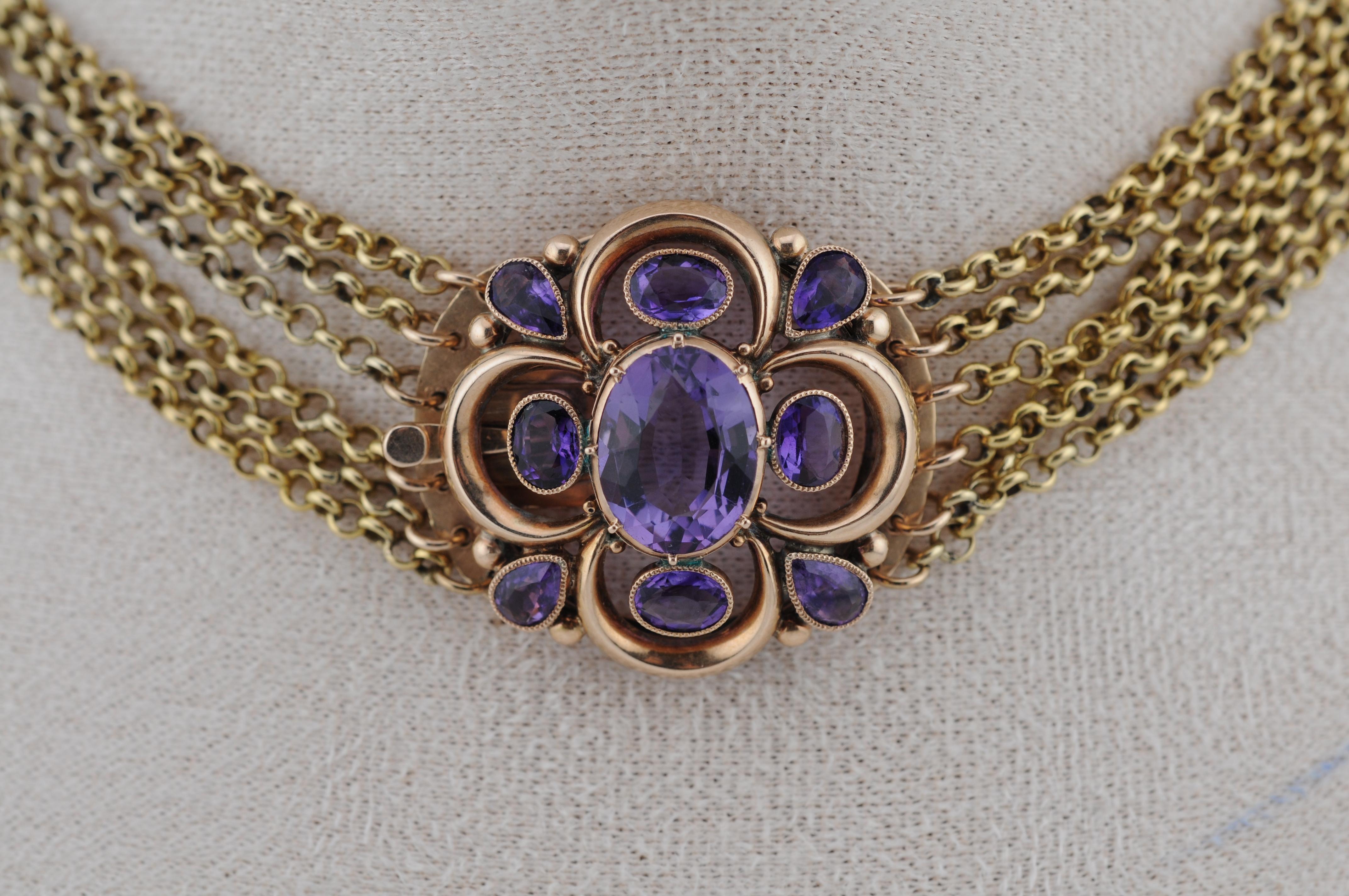 Mouvement esthétique Collier géorgien en améthyste, or 14K en vente