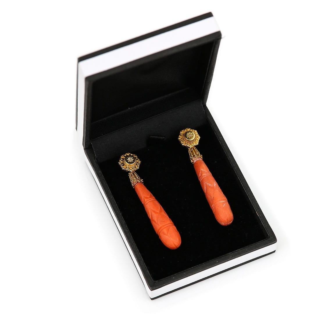 Georgian Antique 15Ct Gold Carved Coral and Diamond Drop Earrings, circa 1830 5