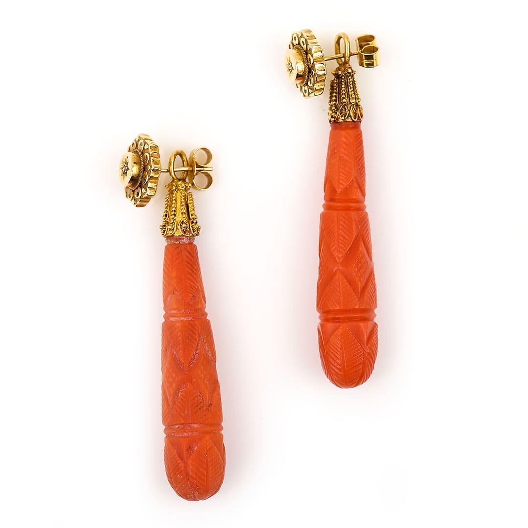 Rose Cut Georgian Antique 15Ct Gold Carved Coral and Diamond Drop Earrings, circa 1830
