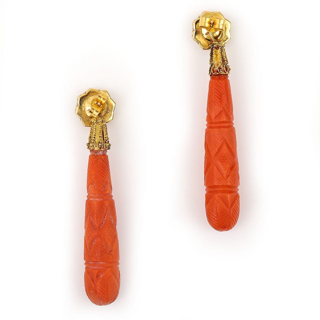 Georgian Antique 15Ct Gold Carved Coral and Diamond Drop Earrings, circa 1830 In Good Condition In Lancashire, Oldham