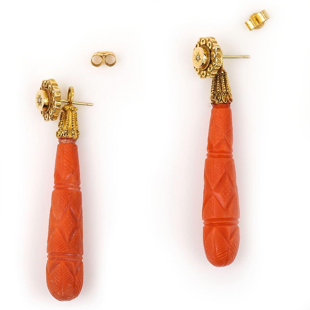 Women's Georgian Antique 15Ct Gold Carved Coral and Diamond Drop Earrings, circa 1830