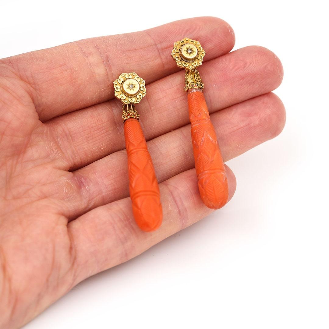 Georgian Antique 15Ct Gold Carved Coral and Diamond Drop Earrings, circa 1830 1