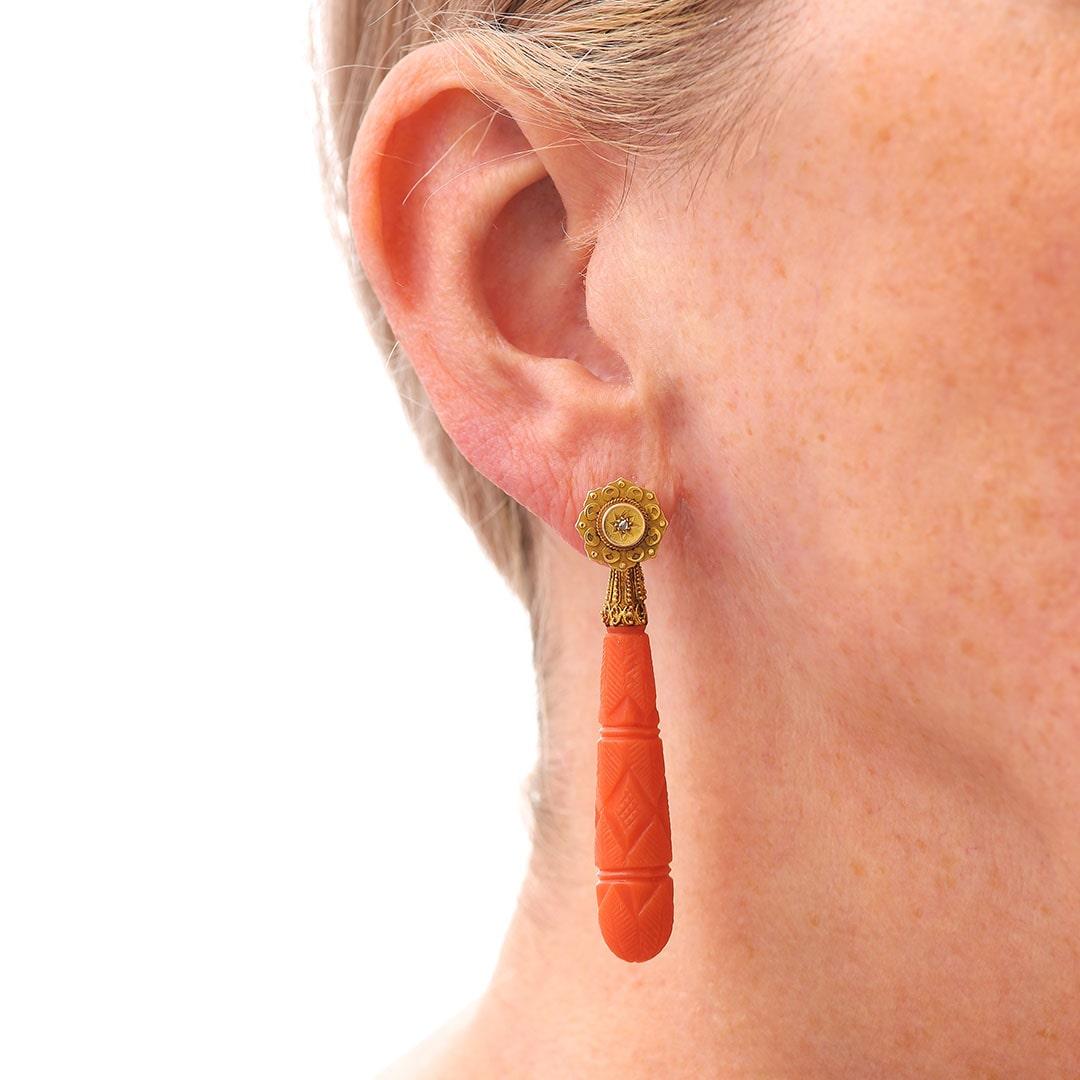 Georgian Antique 15Ct Gold Carved Coral and Diamond Drop Earrings, circa 1830 3