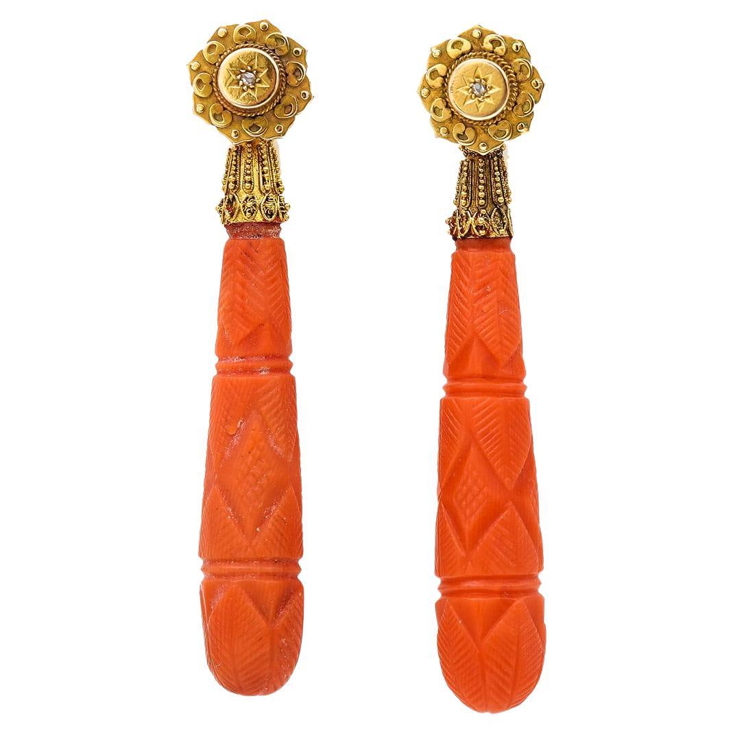 Georgian Antique 15Ct Gold Carved Coral and Diamond Drop Earrings, circa 1830