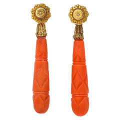 Georgian Antique 15Ct Gold Carved Coral and Diamond Drop Earrings, circa 1830