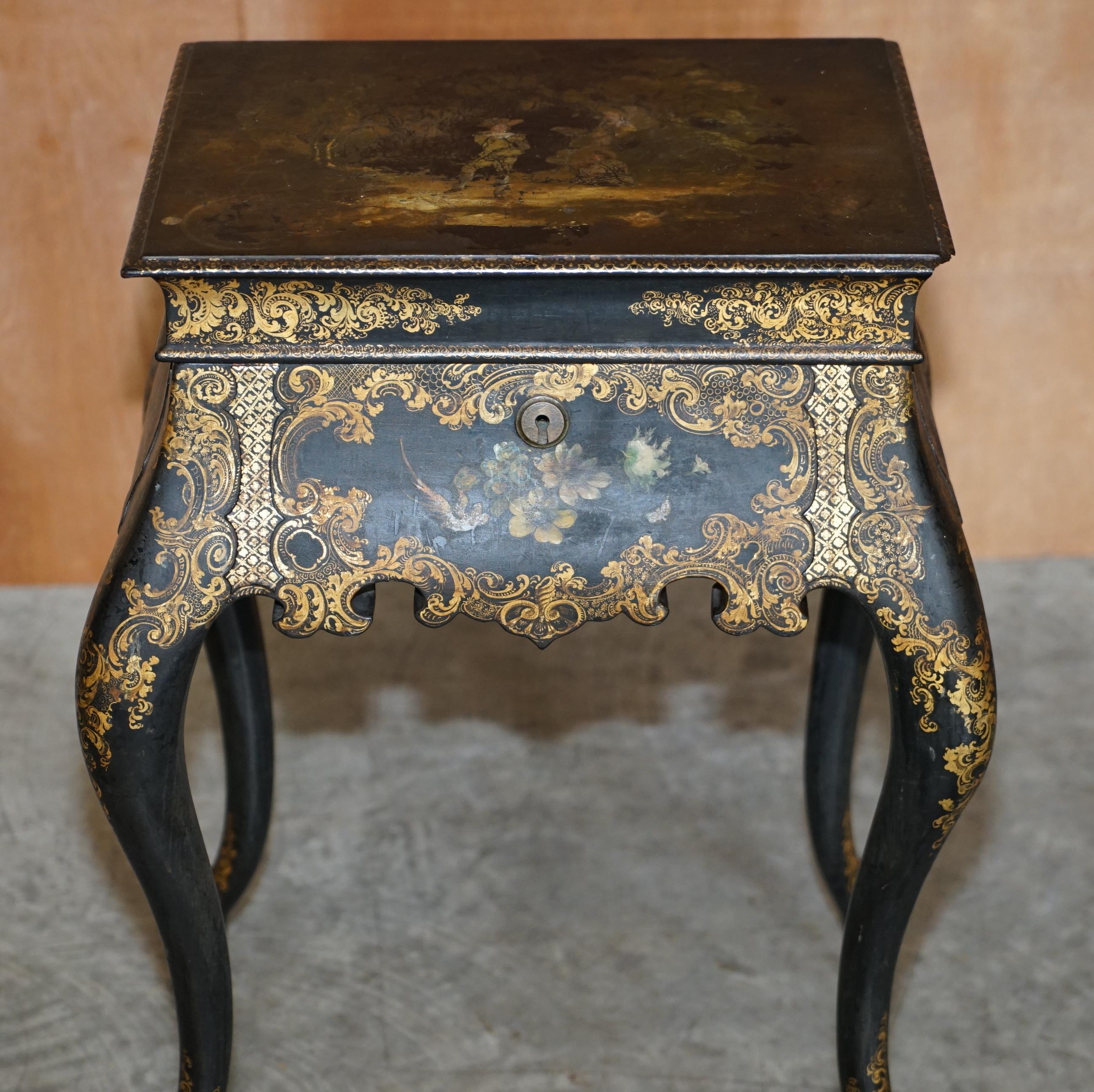 Lacquered Georgian Antique circa 1800 George III Chinese Lacquer & Gold Gilt Work Table For Sale