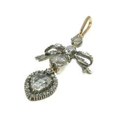 Georgian Antique Diamond 18 Karat Yellow Gold Silver Bow Pear Shaped Pendant