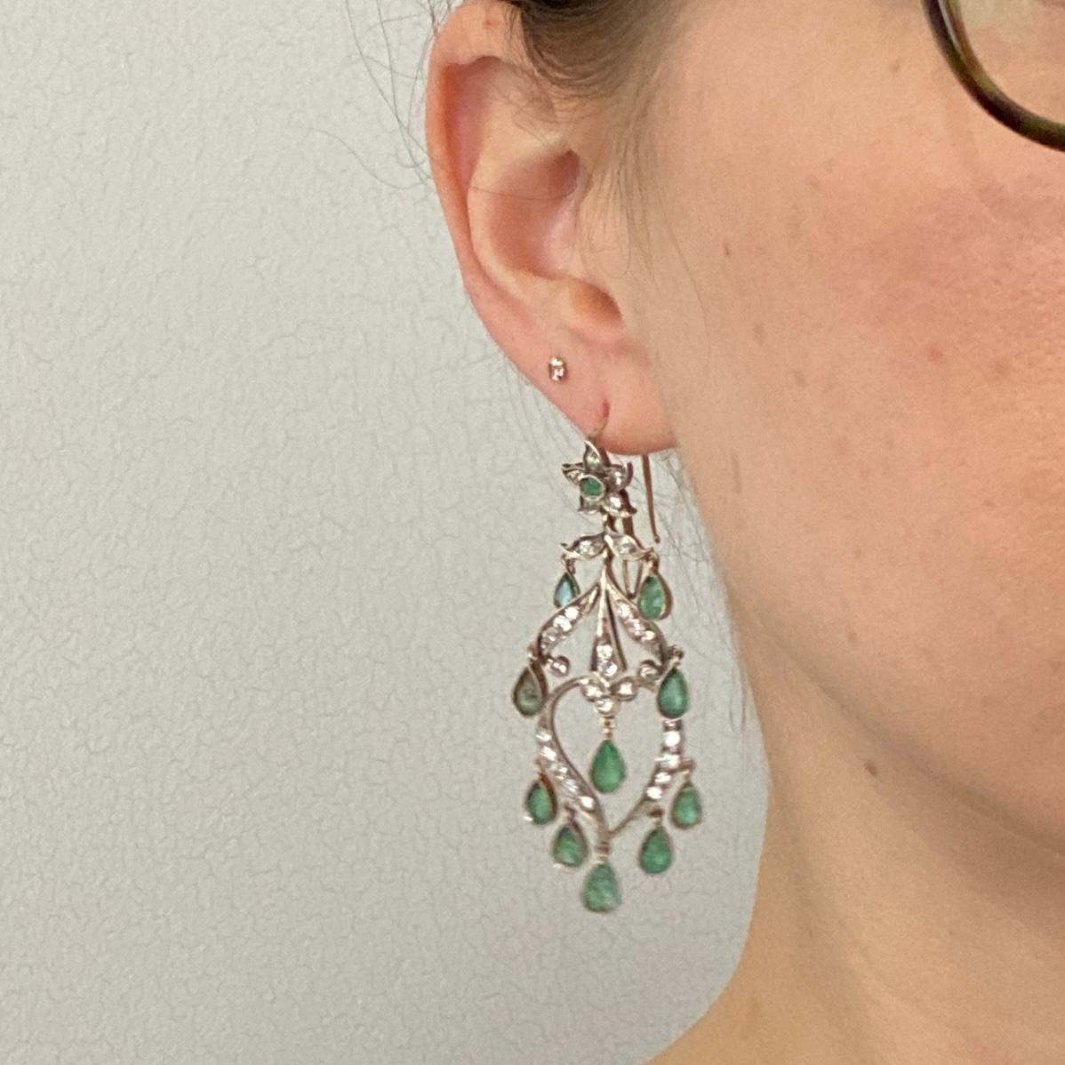 Georgianische antike Smaragd- und Diamant-Ohrringe aus Silber und Gold Damen