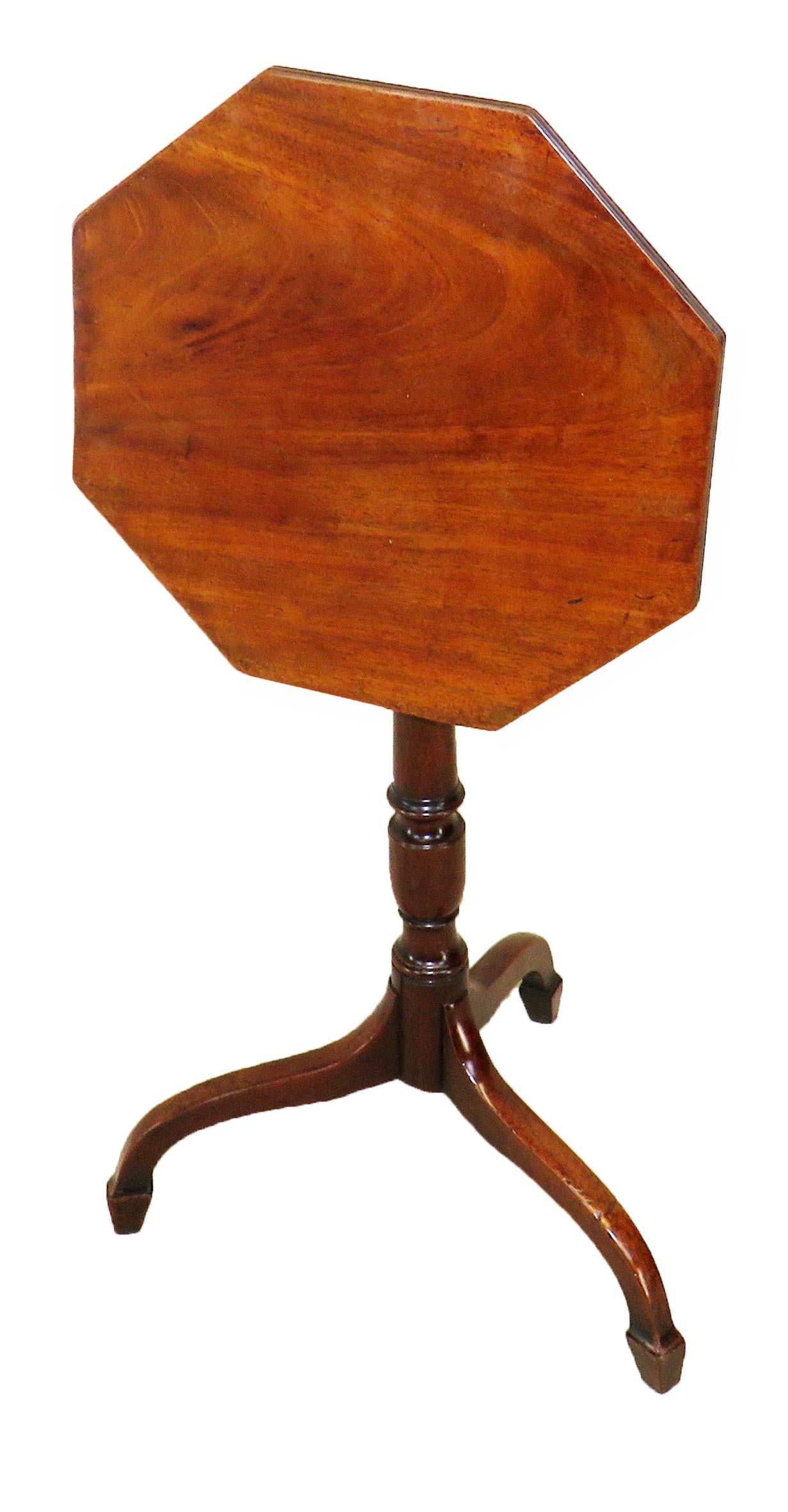 A charming George III period mahogany occasional
Wine table, or lamp table, having well figured
Octagonal tilting top with elegant fluted edge
Raised on turned central column and tripod legs

(This sweet little Georgian table retains an
