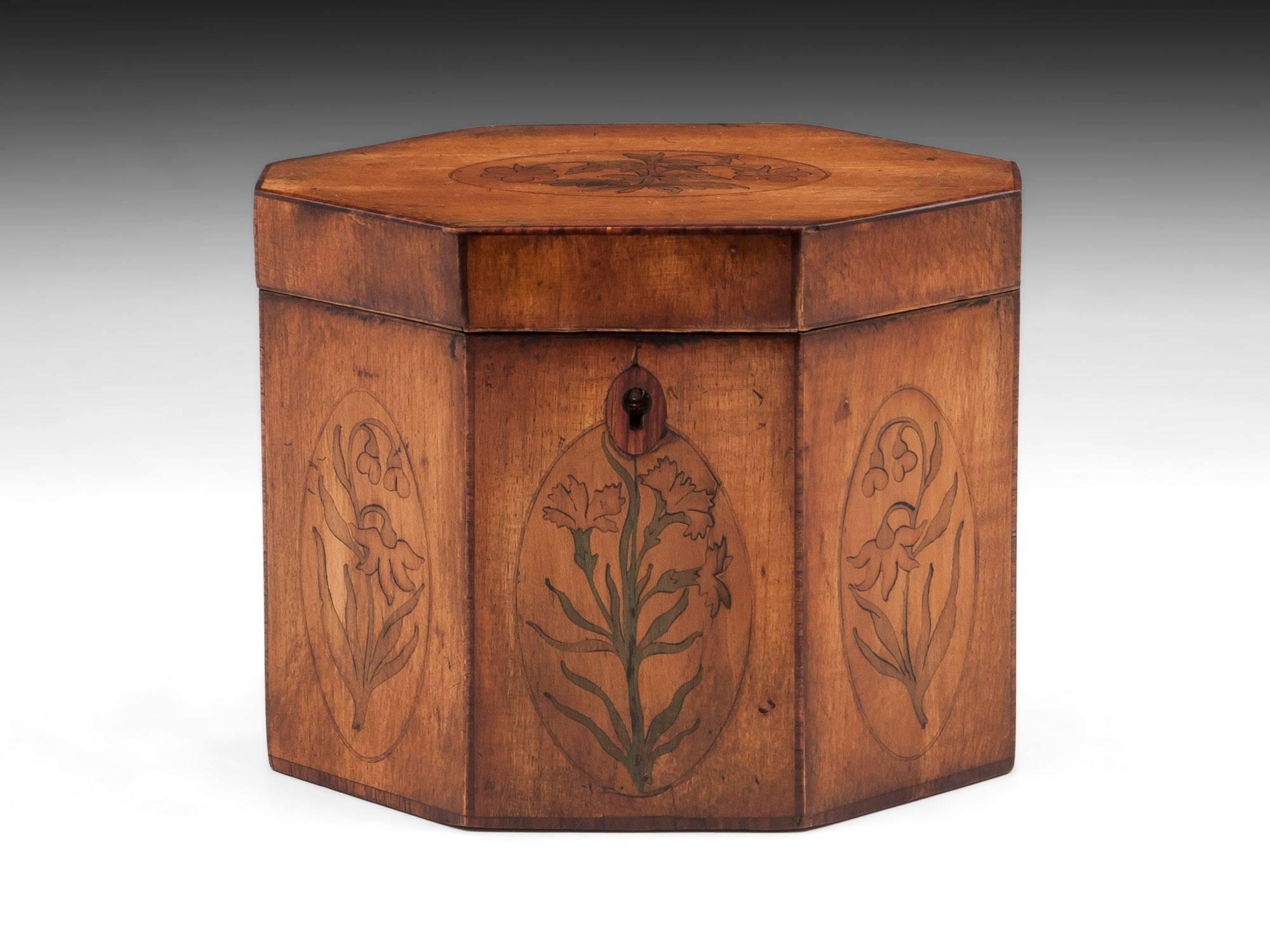 Antique harewood octagonal tea caddy with tulipwood edging and inlaid oval medallions containing tea plants. 

The interior of this charming Georgian harewood tea caddy features a mahogany floating lid with brass handle, still has traces of its