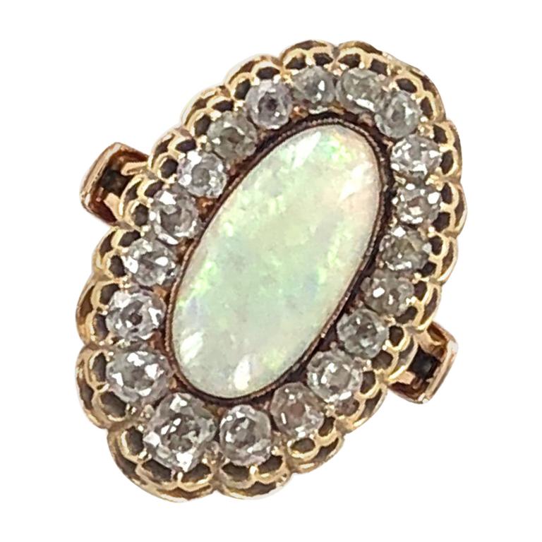 Georgian Antique Opal Diamond Yellow Gold Cocktail Ring