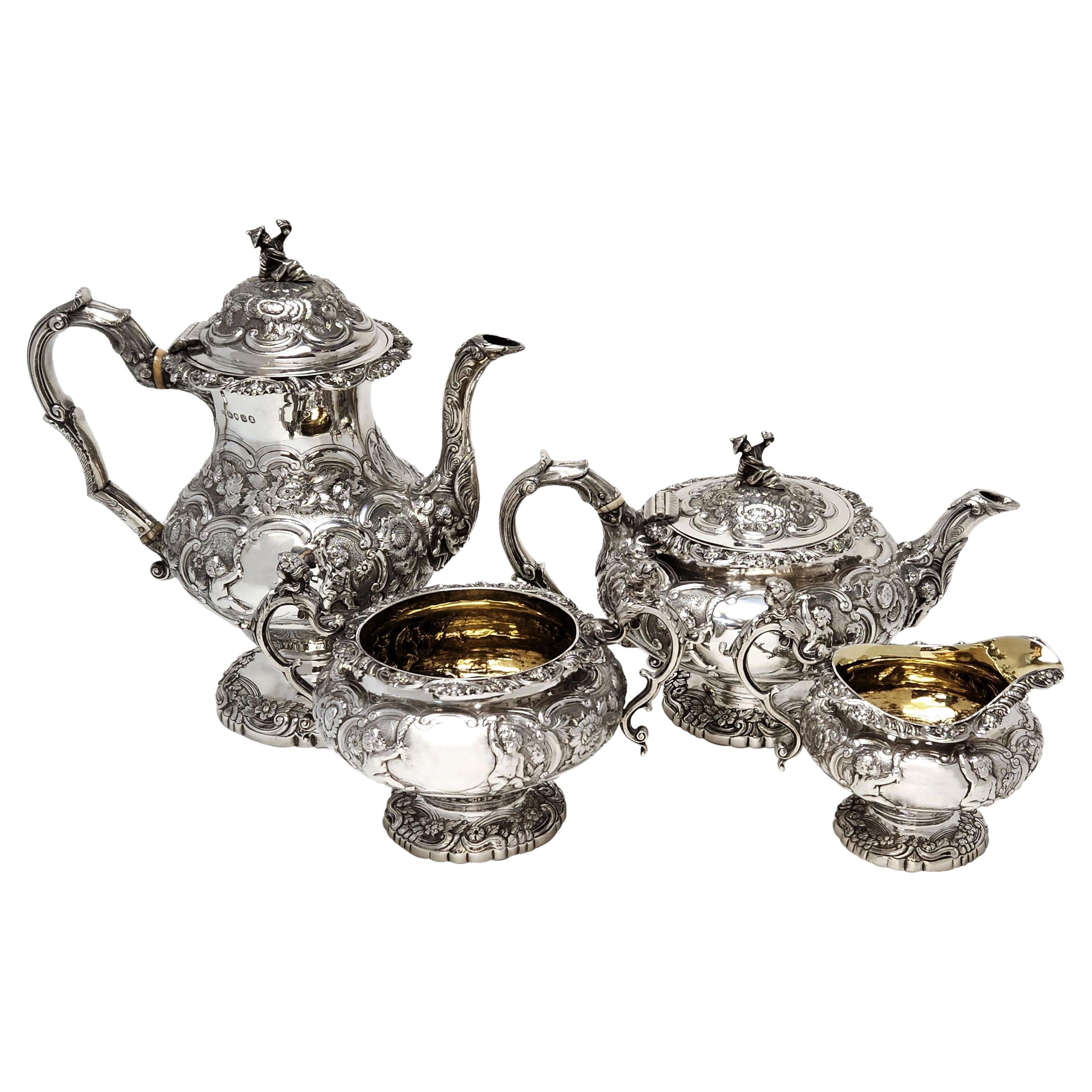 Georgian Antique Silver 4 Piece Tea & Coffee Set 1824 Teapot Coffee Pot For Sale