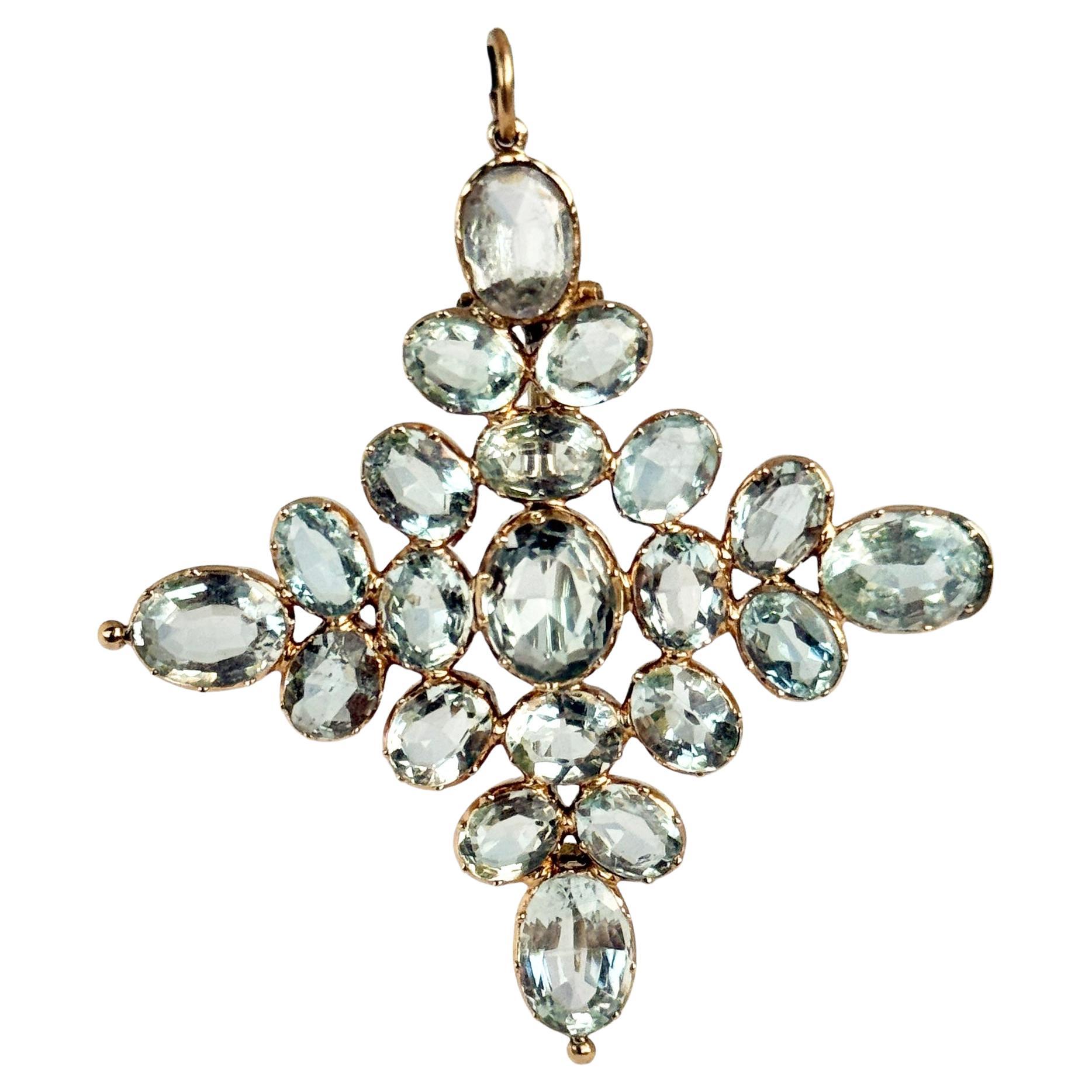 Spilla o ciondolo georgiano in oro 15 carati con acquamarina