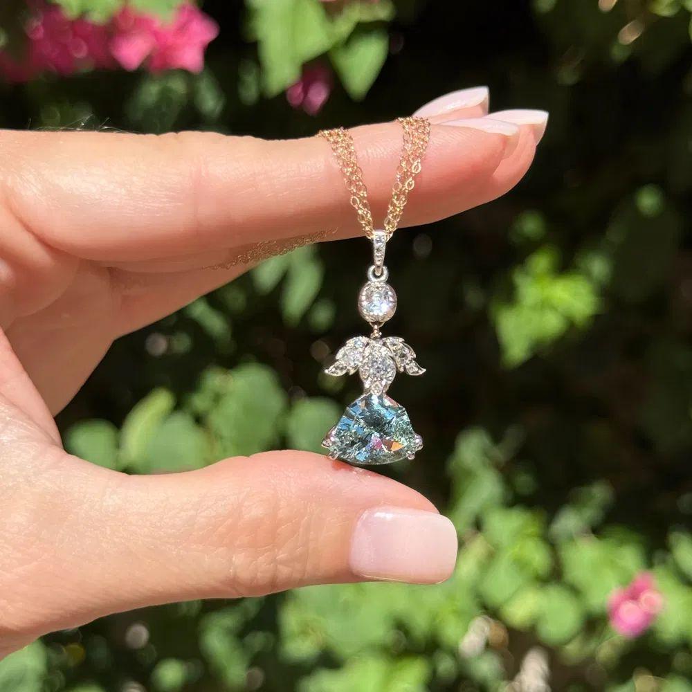 Mixed Cut Georgian Aquamarine and Diamond ANGEL Silver on Gold Drop Pendant Necklace For Sale