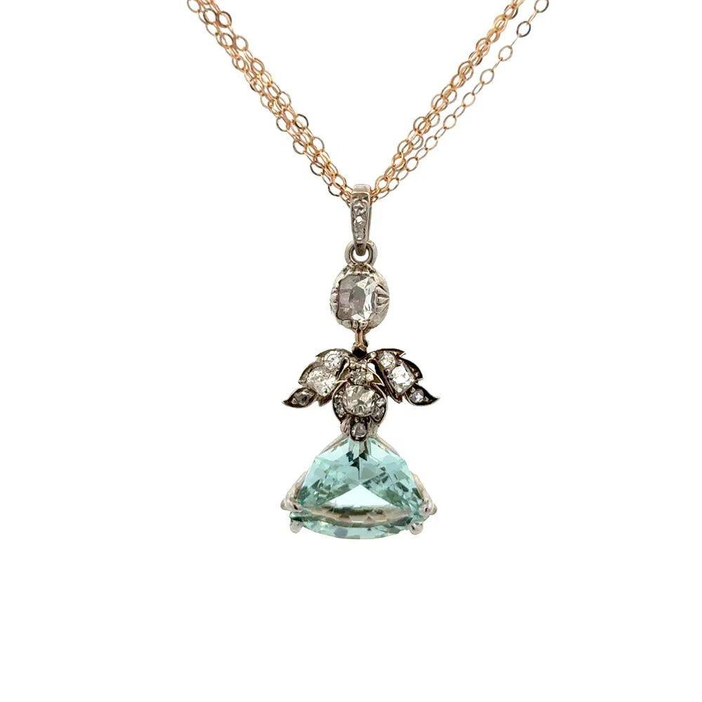 Georgian Aquamarine and Diamond ANGEL Silver on Gold Drop Pendant Necklace In Excellent Condition For Sale In Montreal, QC