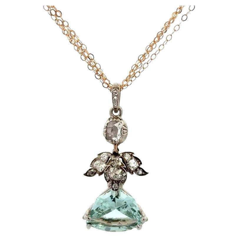 Georgian Aquamarine and Diamond ANGEL Silver on Gold Drop Pendant Necklace For Sale