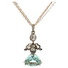 Georgian Aquamarine and Diamond ANGEL Silver on Gold Drop Pendant Necklace