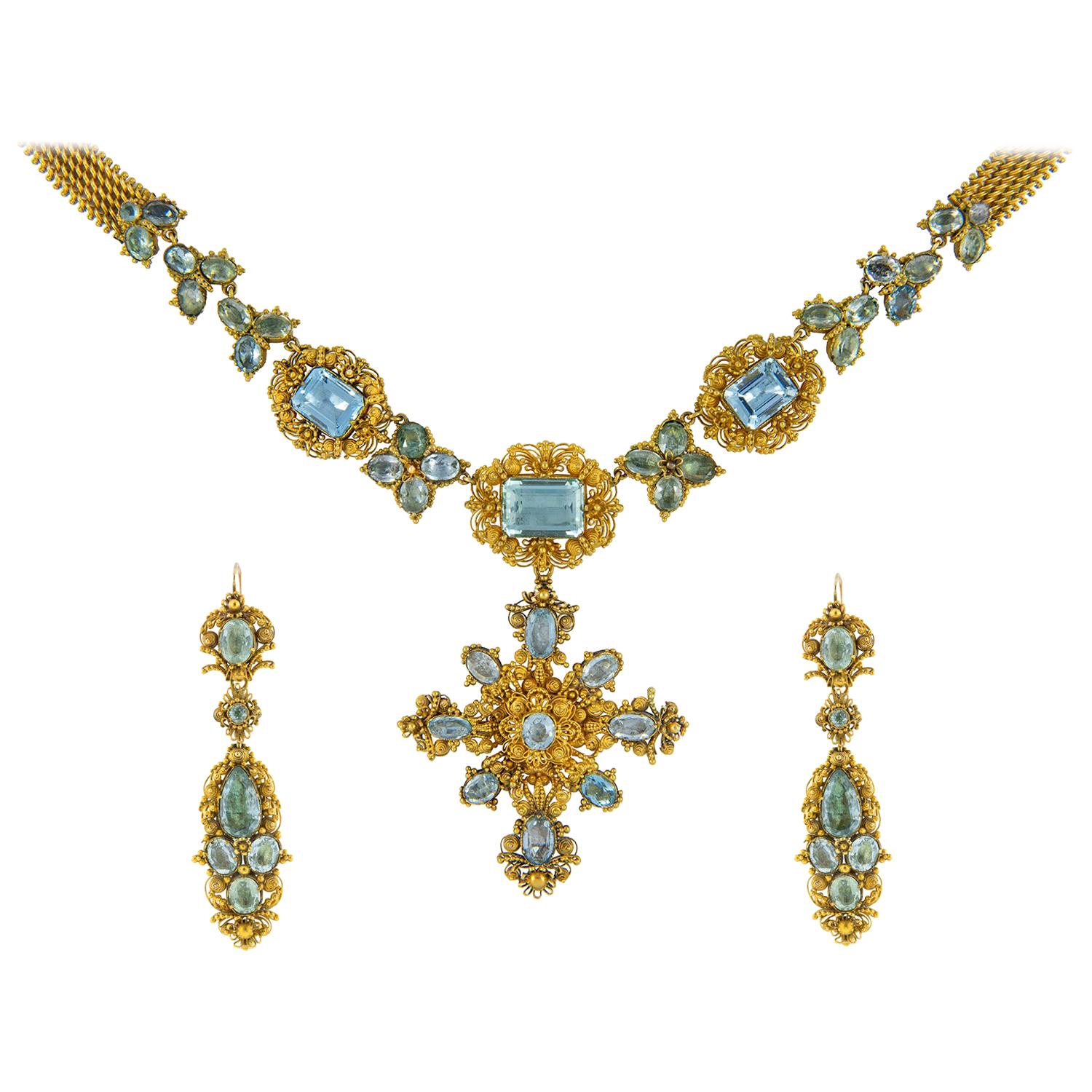 Georgianische Cannetille-Suite aus Aquamarin und Gold im Angebot