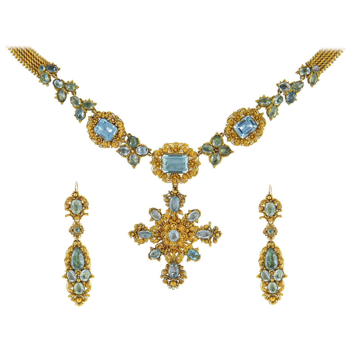 Georgianische Cannetille-Suite aus Aquamarin und Gold