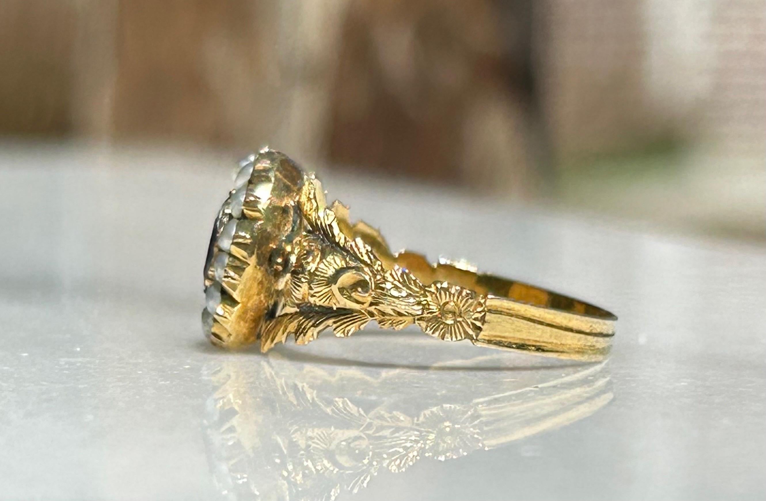 Georgianischer Aquamarin- und Seeperlen-Halo-Ring aus 18 Karat Gold im Zustand „Hervorragend“ im Angebot in Joelton, TN