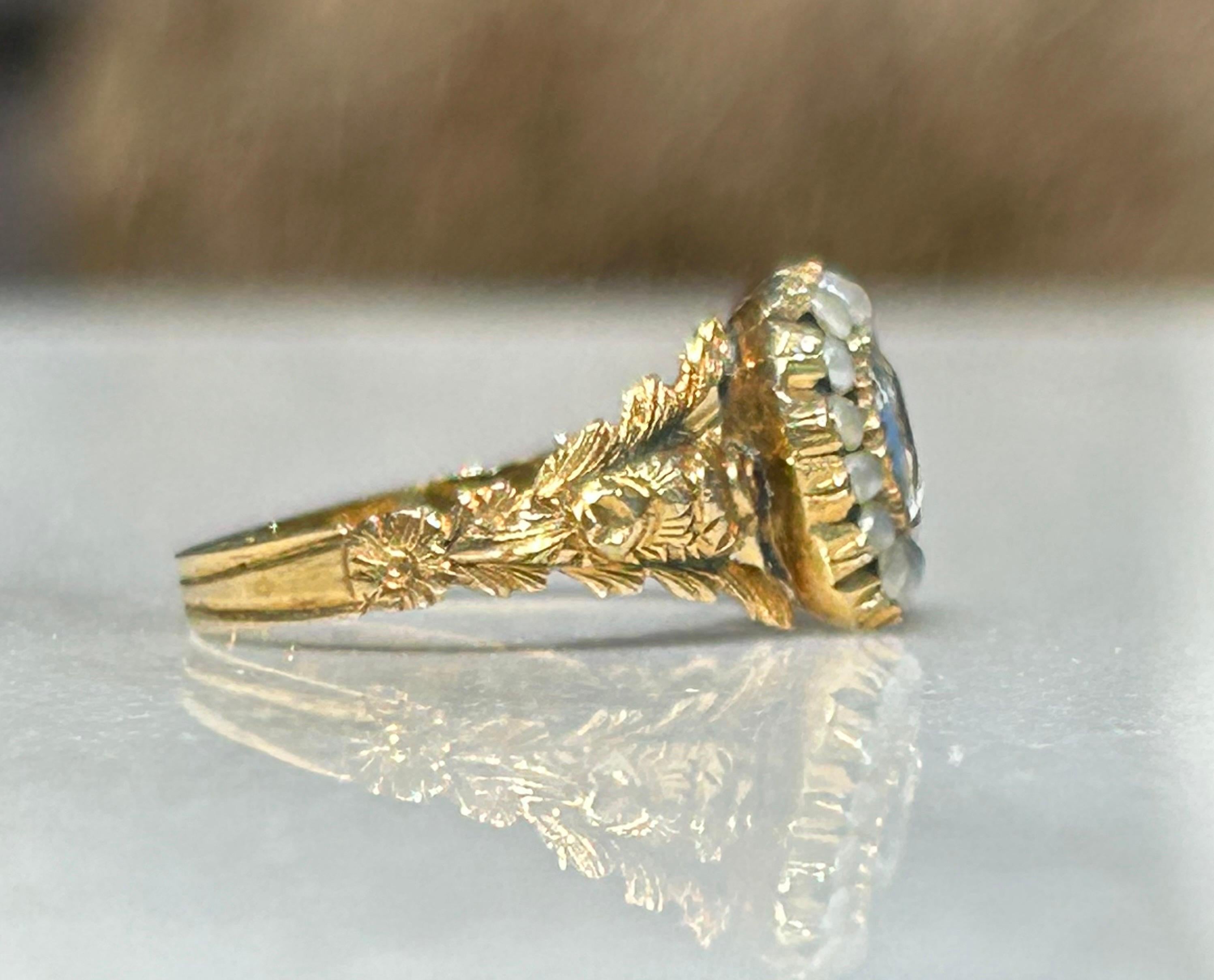 Georgianischer Aquamarin- und Seeperlen-Halo-Ring aus 18 Karat Gold im Angebot 1