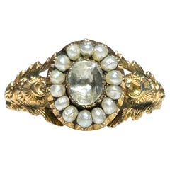 Georgian Aquamarine and Sea Pearl Halo Ring 18k Gold