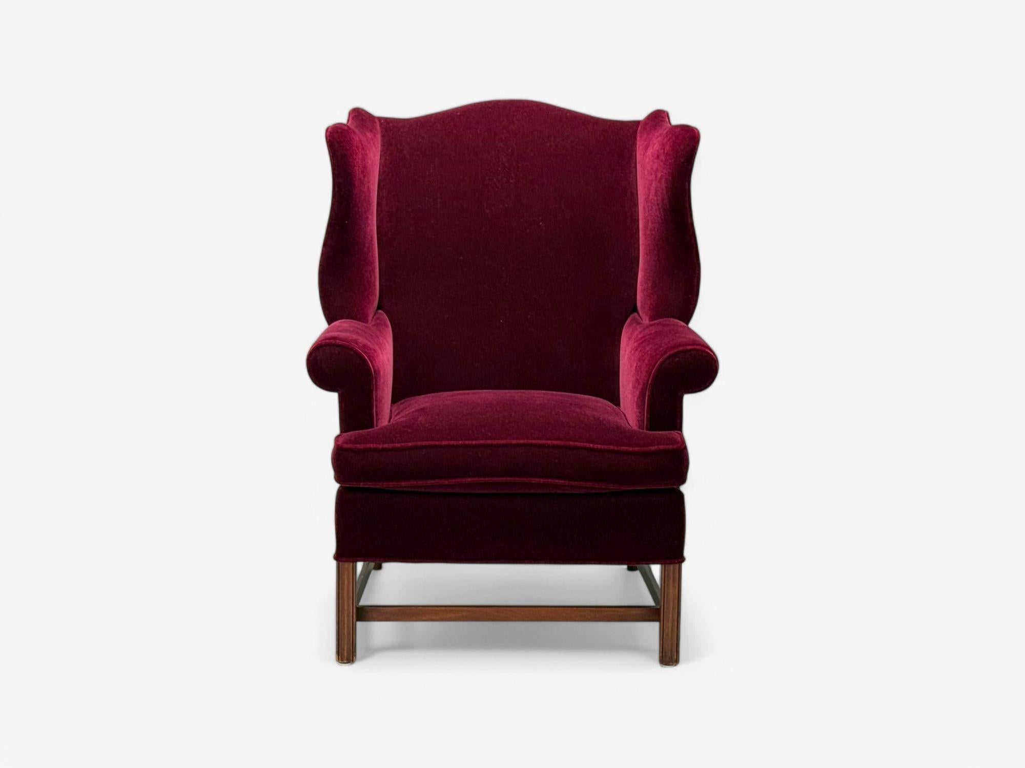 English Georgian, Aubergine Mohair, Stained Wood, Wingback Chair, England, 1970s For Sale