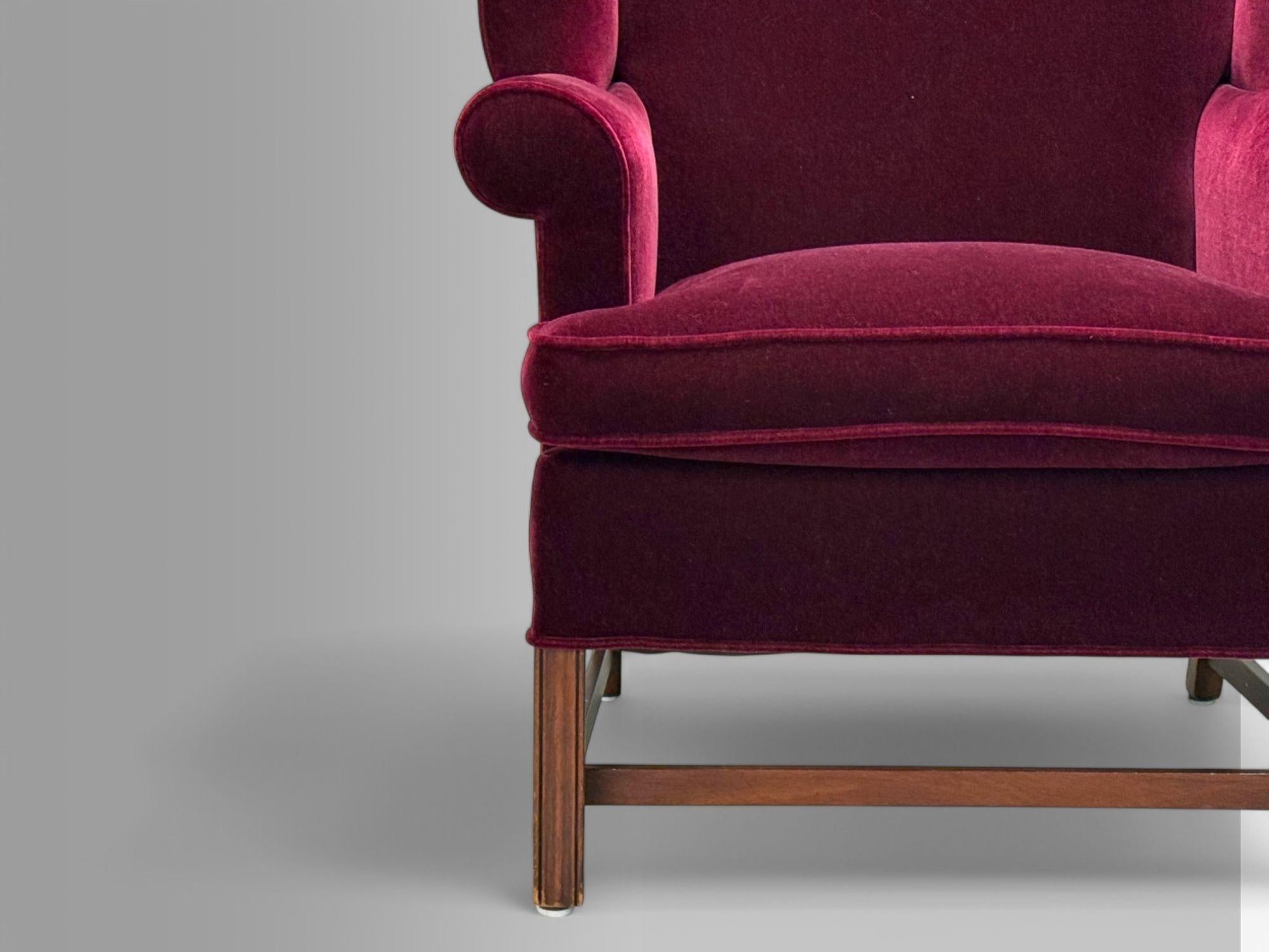Late 20th Century Georgian, Aubergine Mohair, Stained Wood, Wingback Chair, England, 1970s For Sale