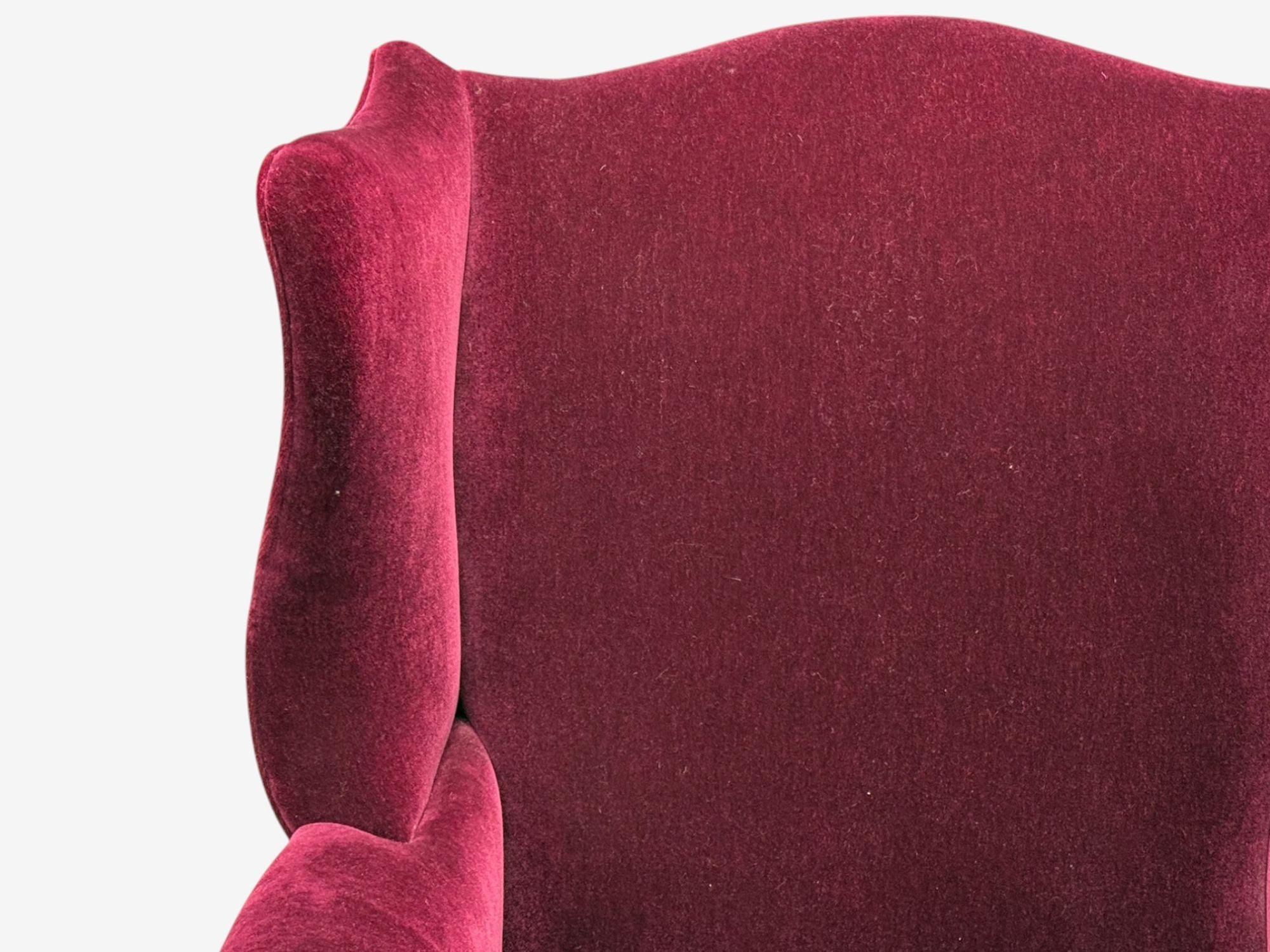 Georgian, Aubergine Mohair, Stained Wood, Wingback Chair, England, 1970s For Sale 1