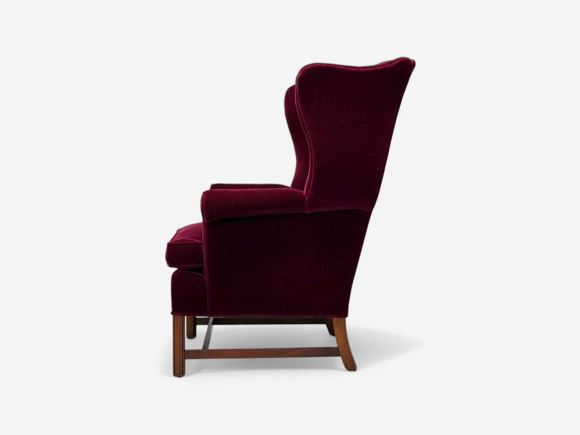 Georgian, Aubergine Mohair, Stained Wood, Wingback Chair, England, 1970s For Sale 2