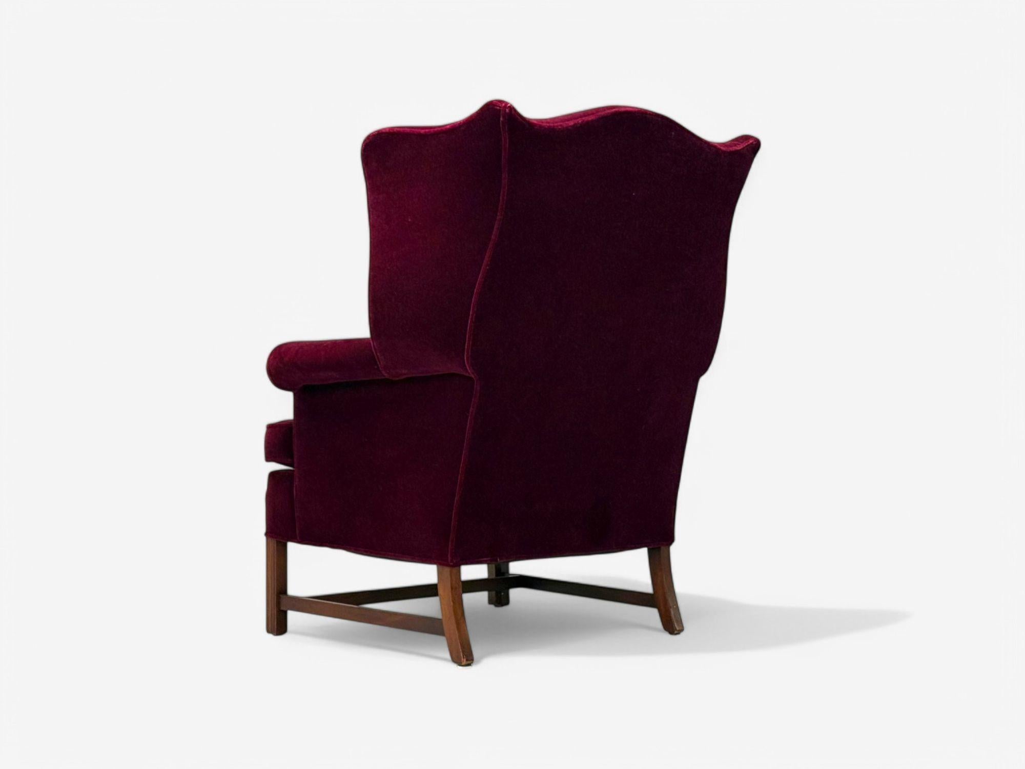 Georgian, Aubergine Mohair, Stained Wood, Wingback Chair, England, 1970s For Sale 3