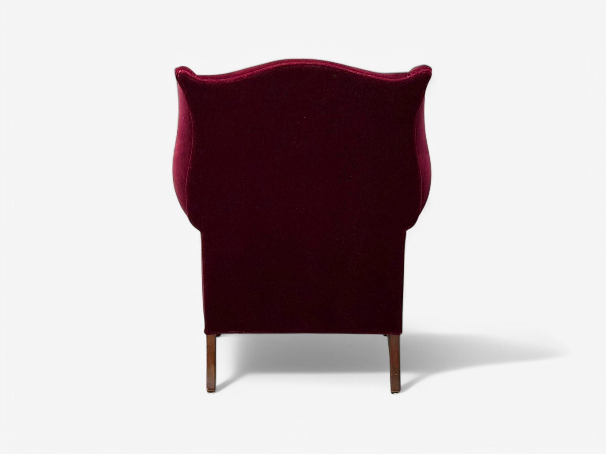 Georgian, Aubergine Mohair, Stained Wood, Wingback Chair, England, 1970s For Sale 4