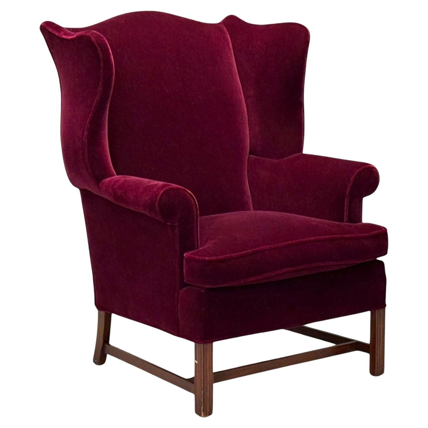 Georgian, Aubergine Mohair, Stained Wood, Wingback Chair, England, 1970s