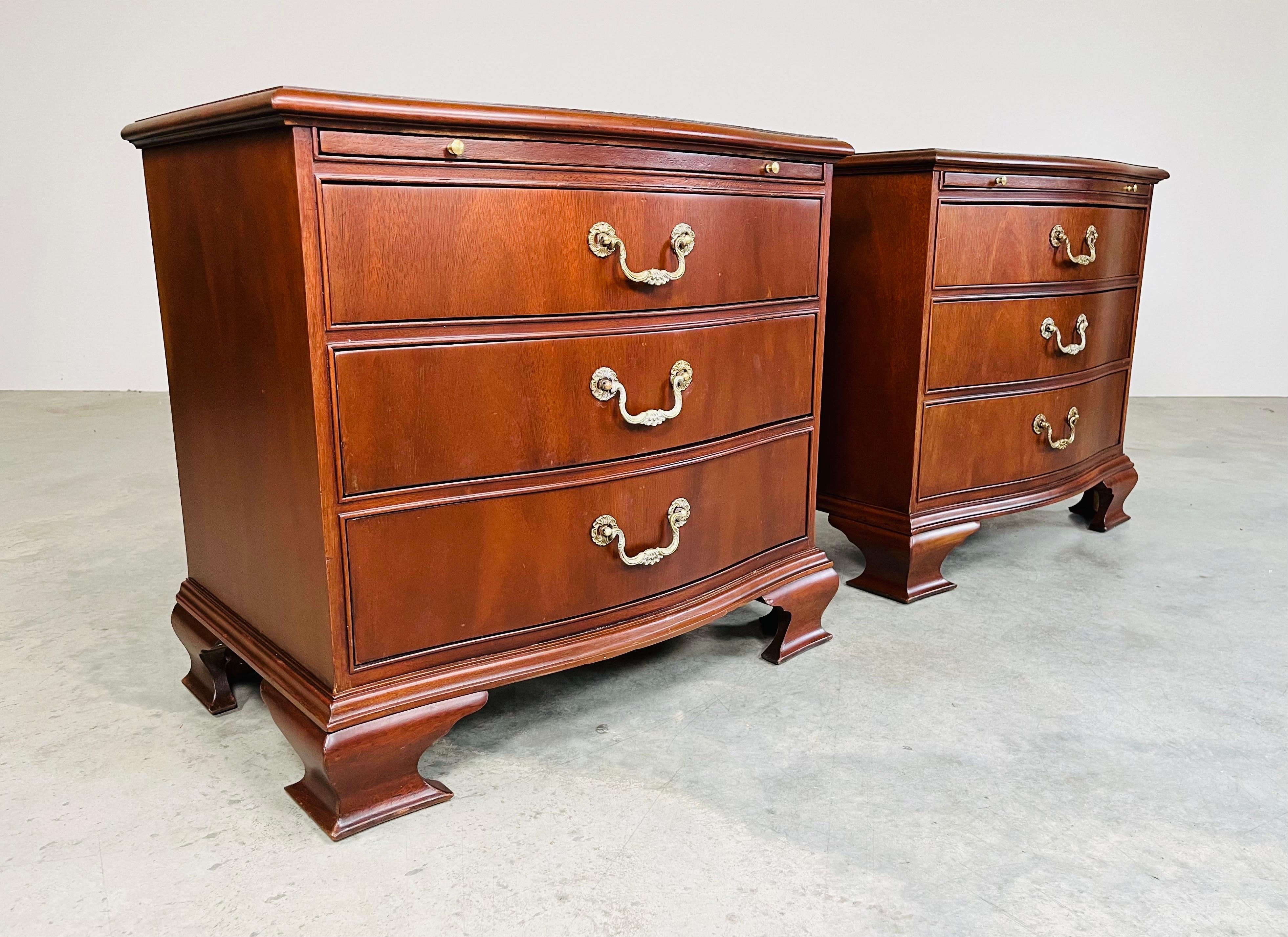 Hand-Carved Chippendale Baker Furniture Mahogany & Brass Night-Stands